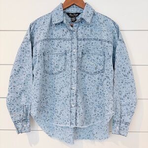 Blue Haven Floral Chambray Shirt Cropped Raw Hem Cottagecore L Vintage Core
